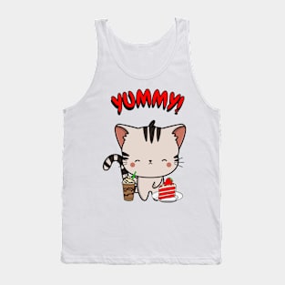 Cute tabby cat is having coffee and cake Tank Top